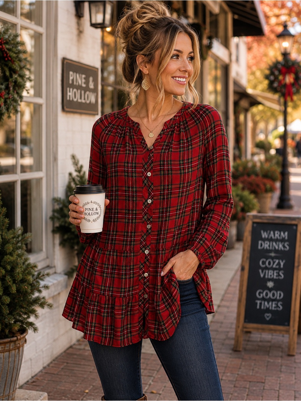 J.Jill Red Plaid Ruffle Hem Tunic Blouse Size M Cottagecore Holiday